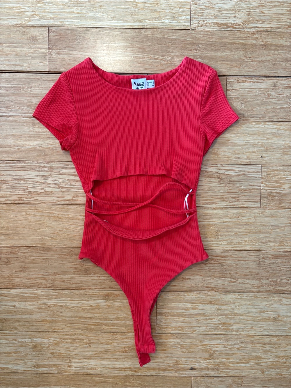 Princess Polly Red Ribbed Short-Sleeve Cutout Bodysuit